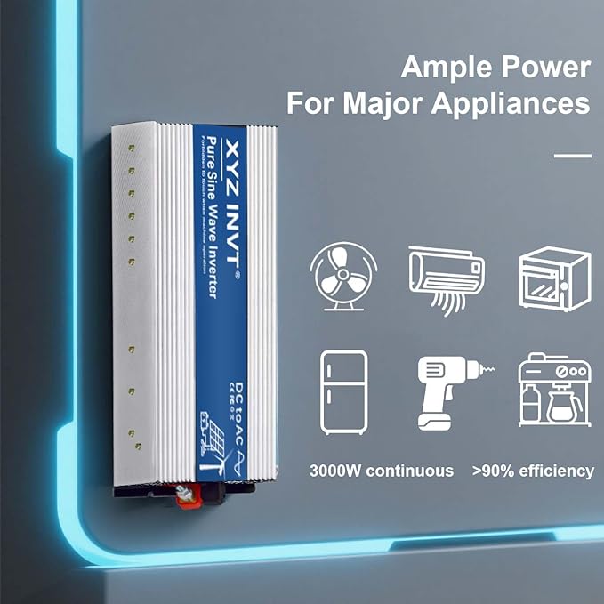 XYZ INVT 3000W Pure Sine Wave Inverter 12V to 120V AC, 6000W Peak Power, Power Converter for Solar System, Off-Grid Home, RV, Truck & Camping