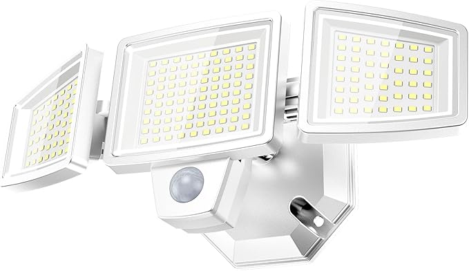 PURICH LED Security Lights Motion Sensor Outdoor Lights, 5000K Daylight, IP65 Waterproof, Dusk to Dawn, 3-Head Motion Detected Flood Light for Garage, Yard, Porch, White