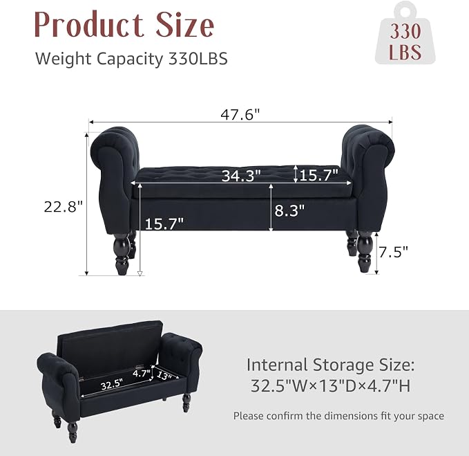 47.6" Storage Bench for End of Bed Bedroom, Velvet Ottoman Bench - Image 2