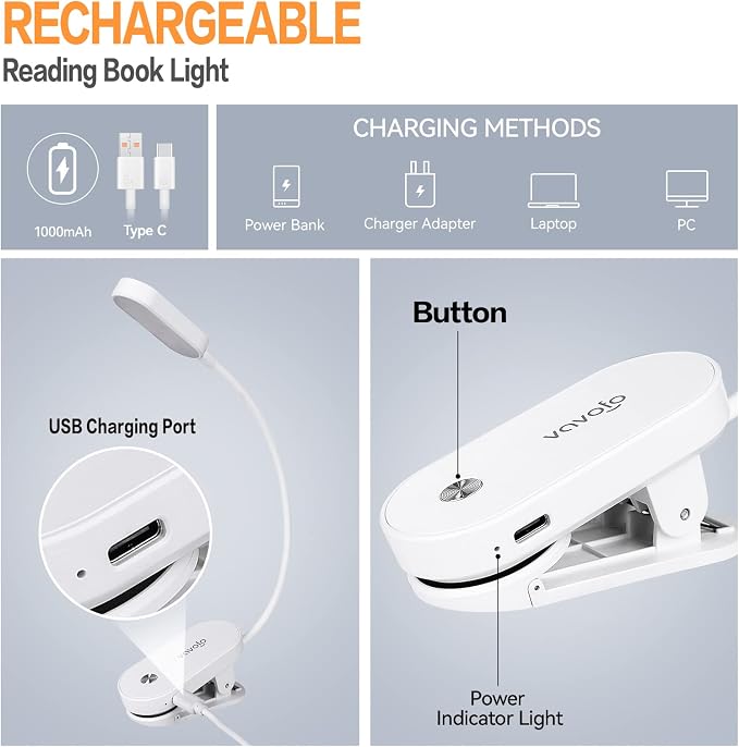 VAVOFO Rechargeable Book Light, 14 LEDs Eye Care Clip On Amber Reading Light - Image 4