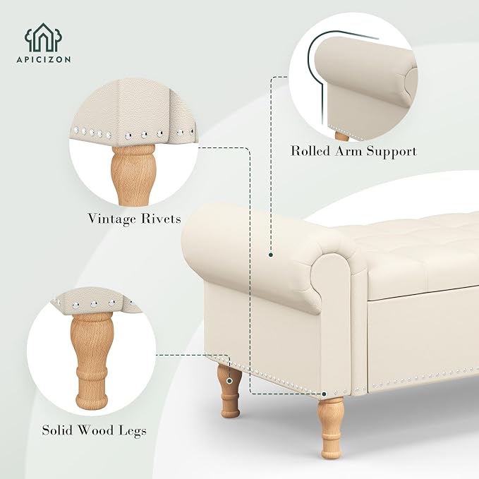 Apicizon 51” Bench with Storage, Faux Leather Ottoman Bench with Rolled Arm & - Image 5
