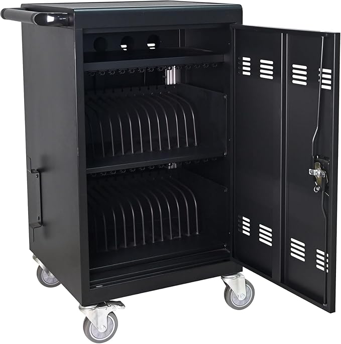 Aokleo 32 Devices Laptop Charging Cart, Tablet Storage Carts for Pad Up to 16.3" Screen Size, Classroom Computer Mobile Charging Station for Pads,Chromebooks,Laptops,Security Storage (Black)