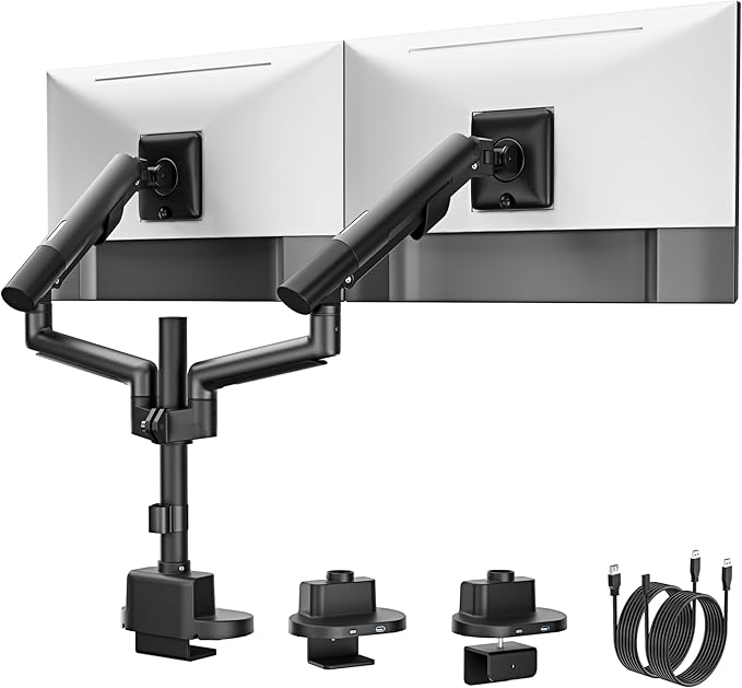 monTEK Dual Monitor Stand with USB Up to 35" Screens,Tall Post Mounted Monitor Arm holds Max 24.3lbs Per Screen, Full Motion Adjustable Arm Desk Mount with C-Clamp/Grommet,VESA 75/100mm, MA1010UCPBK-D