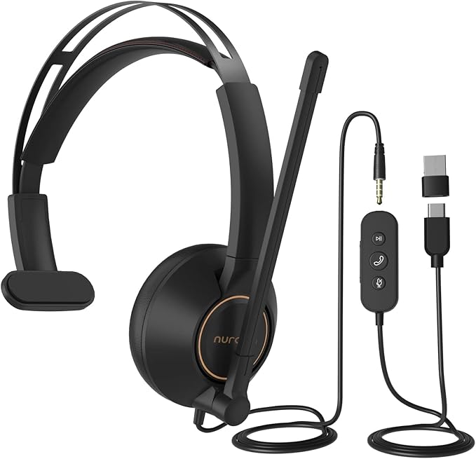 NUROUM HP11SU USB Headset with Microphone for PC, Single-Ear Headphones with ENC Boom Mic, Wired Computer Headset with Inline Control, USB A/Type-C/3.5mm for Work/Home Office/Call Center Zoom/Teams
