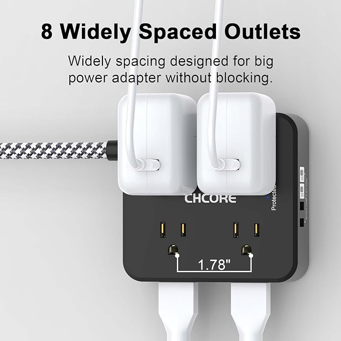 Surge Protector Power Strip - CHCORE 20Ft Braided Extension Cord with 8 Outlets with 4 USB (2 USB C) Charging Ports, Flat Plug Multi Plug Outlet Extender Charging Station for Home Office, ETL, Black