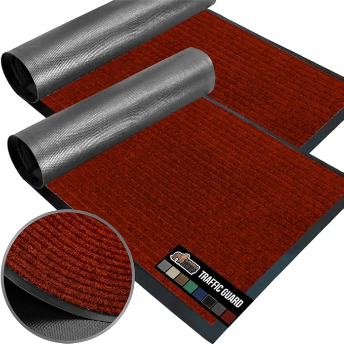 GORILLA GRIP Waterproof Traffic Guard Door Mat, 2 Pack Heavy Duty Entryway Mats, Strong Rubber Back Commercial Utility Rugs for Office Hallway, Garage Floor and Home, Low Profile Carpet, 29x17, Red