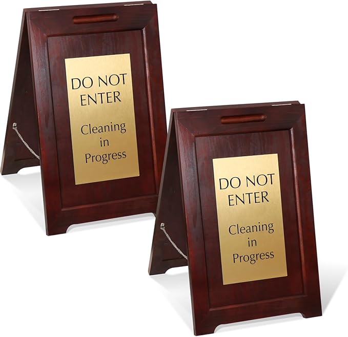SmartSign (2-Pack) Premium "Do Not Enter Cleaning in Progress" Wooden A-Frame Standing Floor Sign, 2-Sided, 24" x 15", Hardwood Pine Frame, 120 mil Brass ACM Sign Face, Black on Gold, Made in USA