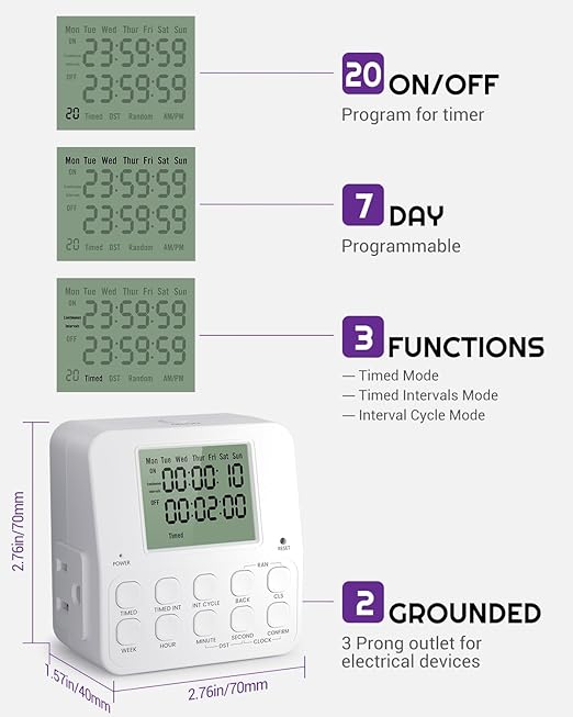 NEARPOW Digital Timer Outlet, 2 Pack Infinite Interval Repeat Cycle Timer Plug, Indoor Timed Interval Cycle Power Switch, 7 Day 24 Hour Daily Programmable Electrical Outlet with 20 ON/Off Programs