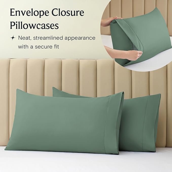 LuxClub 4 PC California King Sheet Set, Deep Pockets Wrinkle Free Cooling Bed Sheets Hotel Bedding for Women, Men, Includes 1 Fitted Sheet, 1 Flat Sheet and 2 Pillowcases-Tree Moss Green