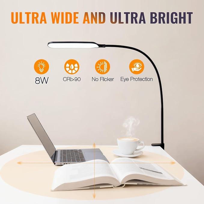 8W LED Desk Lamp with Long Gooseneck and USB Cable, 800LM | Metal Dimmable Clip - Image 6
