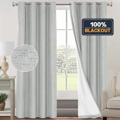 PrinceDeco 100% Blackout Linen Curtains for Bedroom Faux Linen Fabric Extra Long Curtains 96 Inches Long Room Darkening Sun Blocking Curtain with White Liner Backing,52 X 96In,Glacier Grey
