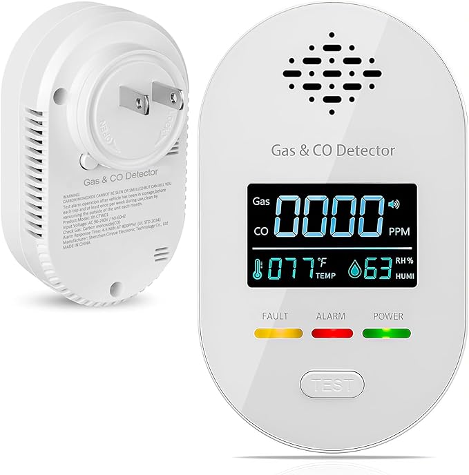 4-in-1 Natural Gas Leak Detector & Carbon Monoxide Detectors, Plug in CO and Natural Gas Detector with Temperature Humidity Display, Combination Gas Detector, CO, Propane, LPG, Explosive Gas Alarm