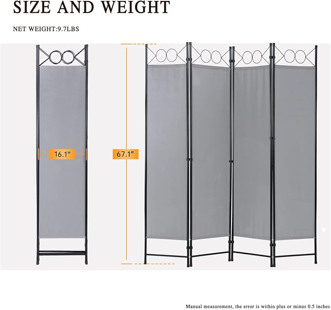 Dopinmin Room Divider, Folding Privacy Screen 4 Panels Wall Divider Grey | - Image 7