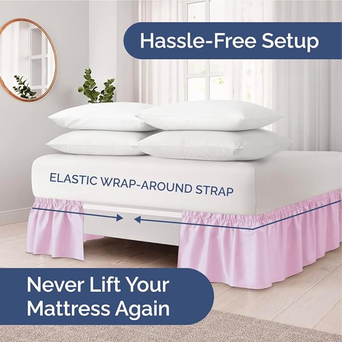 Wrap Around Dust Ruffle Bed Skirt - Light Pink - for Full Size Beds with 24 Inch Drop - Elastic Strap - Adjustable Pleated Bedskirt with Brushed Fabric and Wrinkle Free - for Women, Men, Kids & Teens