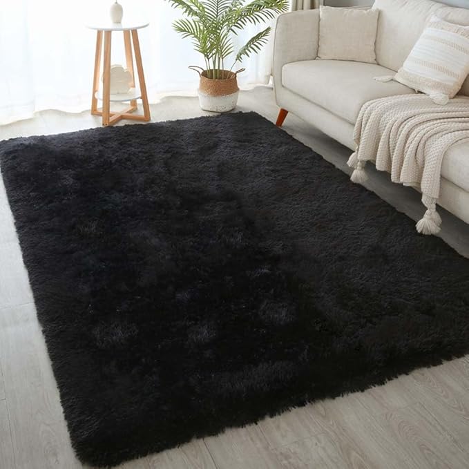 5x7 Black Shag Rug for Bedroom, Soft Plush Fluffy Washable Carpet | Area Rug by KICHOWUA