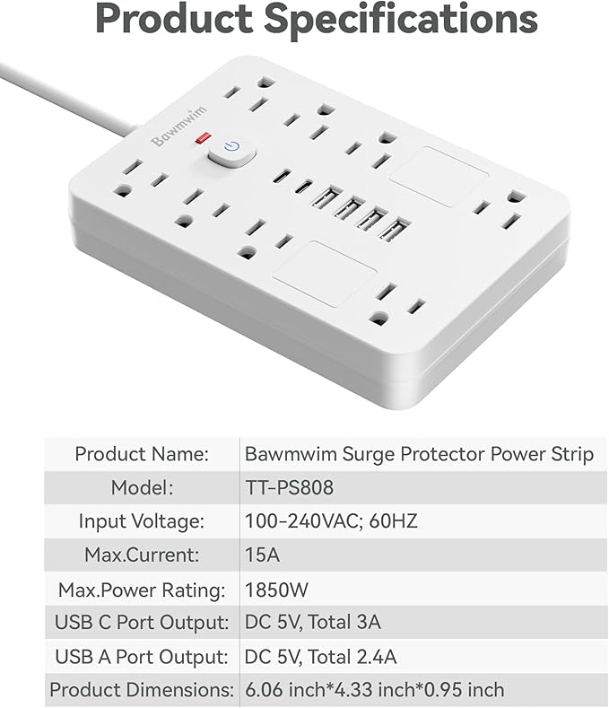 Bawmwim Surge Protector Power Strip - 8 Outlets(1850W/15A) with 6 USB Ports（2 USB C, 6FT Flat Plug Extension Cord, Wall Mount Multi Plug Outlet Extender, ETL Listed for Home, Dorm Room, White