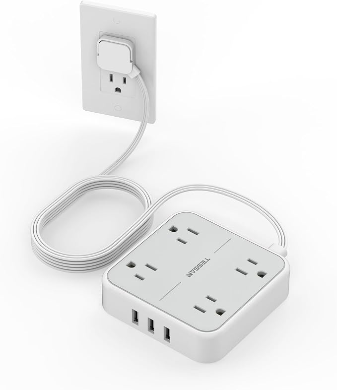 TESSAN Surge Protector Flat Extension Cord 10Ft, Ring Plug Power Strip | 4 by TESSAN