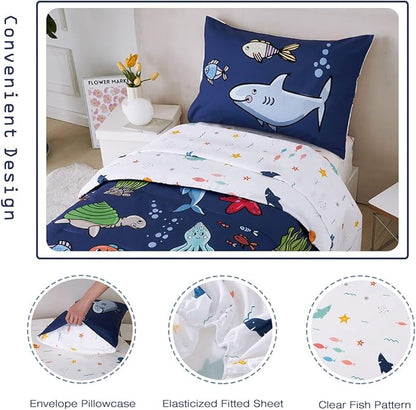 PERFEMET Kids Comforter Sets Boys Full Size-5 Piece Bed in A Bag Navy Blue Ocean Themed Comforter-Soft Reversible Cartoon Fish Shark Bedding Set for Girls Teens(Navy Blue, Ocean)