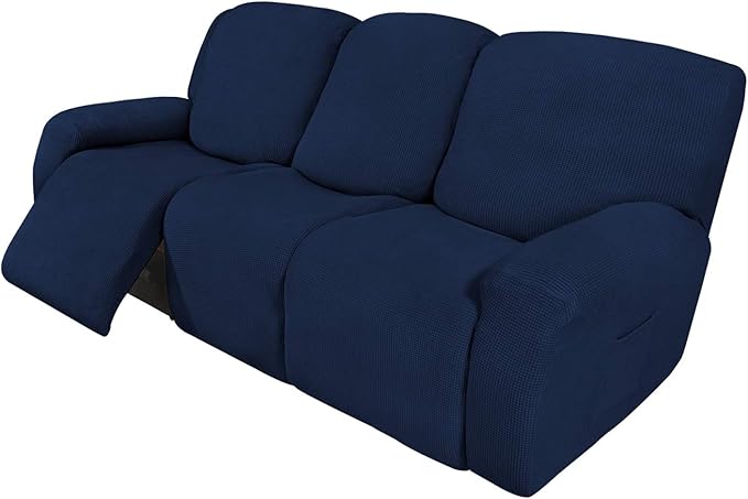 Easy-Going 8 Pieces Recliner Sofa Stretch Sofa Slipcover Sofa Cover Furniture Protector Couch Soft with Elastic Bottom Kids, Spandex Jacquard Fabric Small Checks Navy