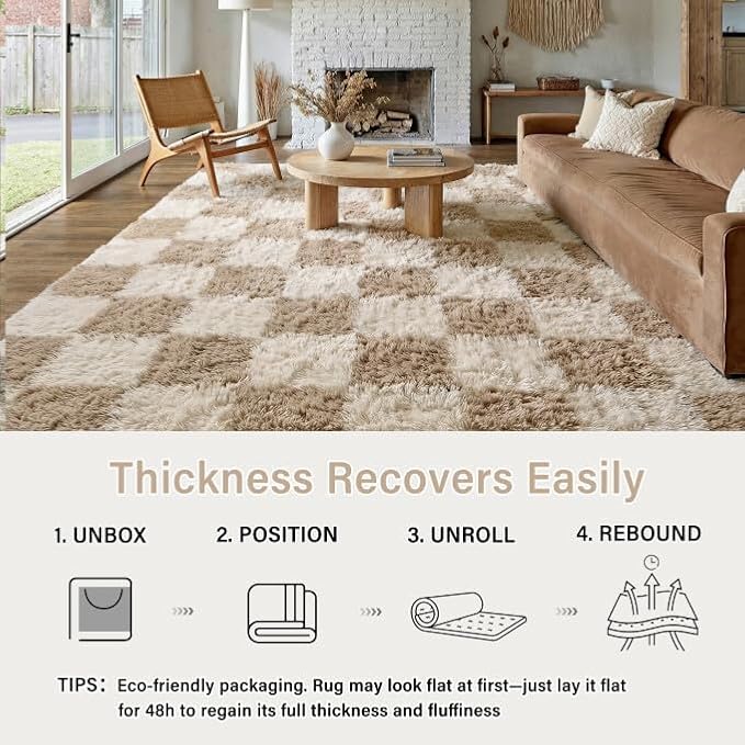 Beige 9x12 Area Rug for Living Room Soft Checkered Shag Carpet | Machine - Image 4