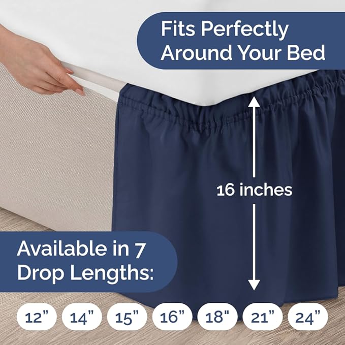 Wrap Around Dust Ruffle Bed Skirt - Navy Blue - for King Size Beds w/ 16 Inch Drop - Easy Fit Elastic Strap - Adjustable Pleated Bedskirt with Brushed Fabric, Wrinkle Free Women, Men, Kids and Teens