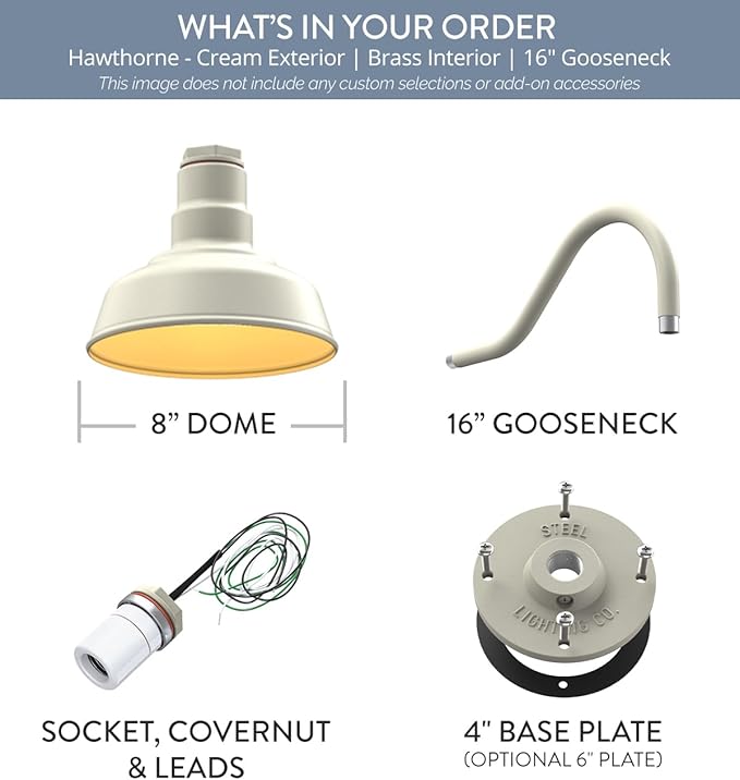 Steel Lighting Co. Hawthorne Barn Light | Outdoor Wall Mounted | 8 inch Dome | 16" Gooseneck | Small Farmhouse Light Made in America | Cream Exterior/Brass Interior