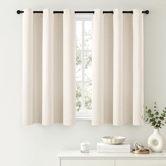 Short Beige White Blackout Kitchen Curtain W40 x L45 Inch 2 Panels | Thermal by Woaboy