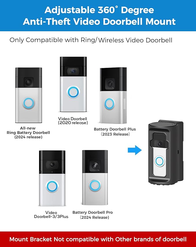 Anti-Theft Video Doorbell Mount，Adjustable 360° Degree Doorbell Angle No-Drill Mount Compatible with Ring Battery Doorbell /Plus/Pro Video Doorbell Upgrade Corner Kit for Houses,Apartments