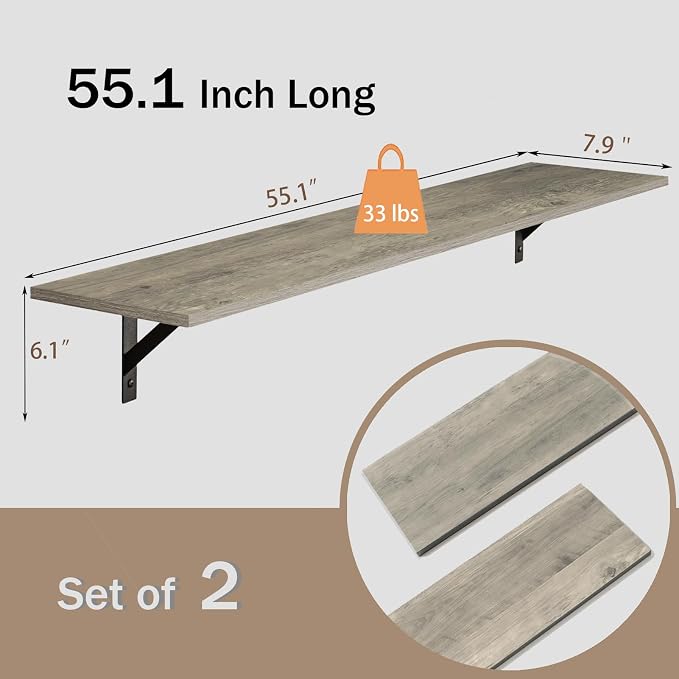 Long Wall Shelves, 55.1Inch Wooden Floating Shelves - Image 3