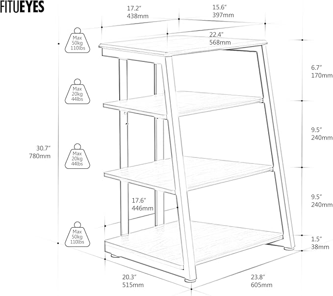 FITUEYES Design 4-Tier AV Media Stand Corner Shelf Stand Wooden Corner Shelves Component Cabinet Stereo Rack Audio Tower with Height Adjustable Wooden Shelves for ps4 (White Oak)