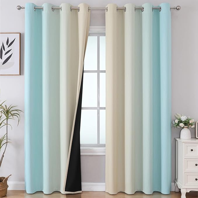 Aqua and Beige Ombre Blackout Bedroom Curtains 102 Inches | Thermal Insulated by ESTELARTEXTILER