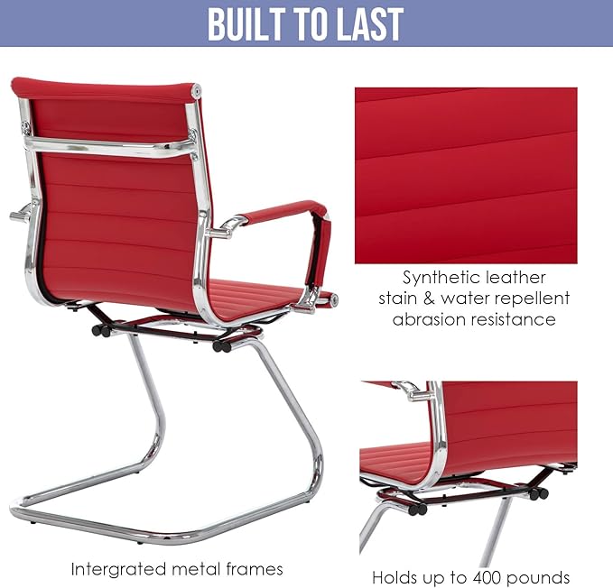 Wahson Office Guest Chairs Set of 4, Leather Reception Chairs, Mid Back Waiting Room Chair, Conference Chairs with Sled Base, Desk Chair No Wheels for Meeting/Lobby/Restroom, Dark Red