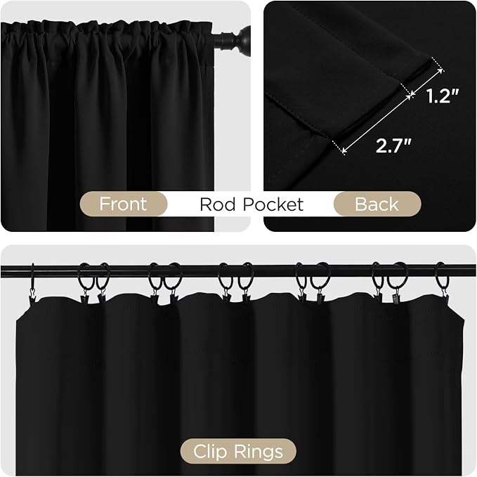 CUCRAF Black Blackout Curtains 72 inch Length 2 Panels Set, Rod Pocket Room - Image 3
