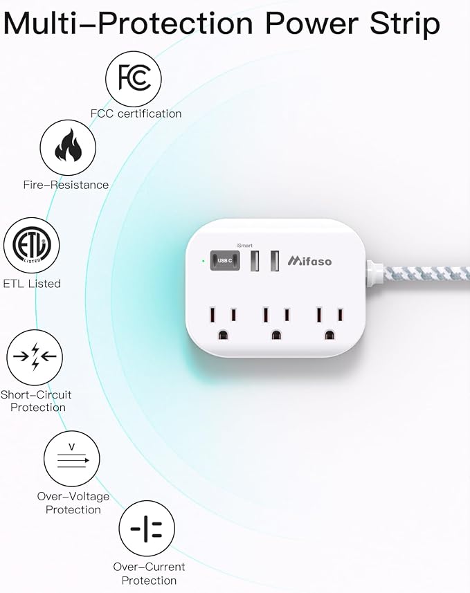 Mifaso Power Strip with USB Ports, 15Ft Flat Extension Cord | with Multiple - Image 4