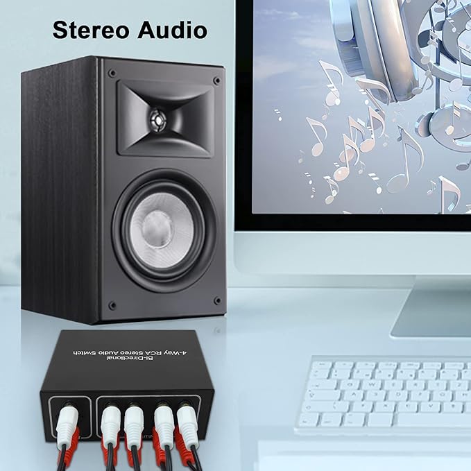 4-Way Stereo L/R Sound Channel Bi-Directional Audio Switcher, 1 in 4 Out or 4 in 1 Out, L/R Sound Channel Audio Switch Splitter RCA Stereo Switch Selector for DVD Stereo Speaker CD Player