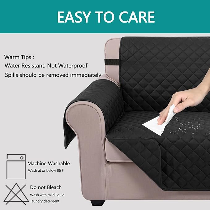U-NICE HOME Loveseat Sofa Cover Reversible Couch Covers for 2 Cushion Couch for Dogs Furniture Protector Cover with Elastic Straps Water Resistant(Loveseat Small, Black/Black)
