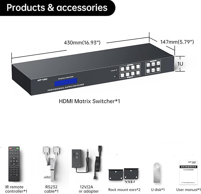 MT-VIKI 4K HDMI Matrix Switch 4x4 with 3.5mm Stereo Audio Extractor +Web GUI, Rack Mount Switcher & Splitter, 4K@30Hz, EDID, RS232, LAN Port, APP (4 in 4 Out)