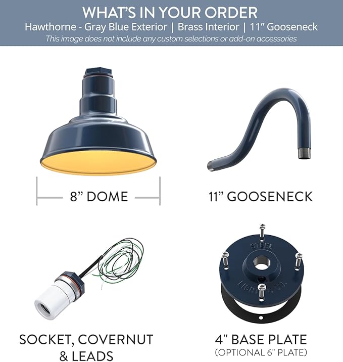 Steel Lighting Co. Hawthorne Barn Light | Outdoor Wall Mounted | 8 inch Dome | 11" Gooseneck | Small Farmhouse Light Made in America | Gray Blue Exterior/Brass Interior