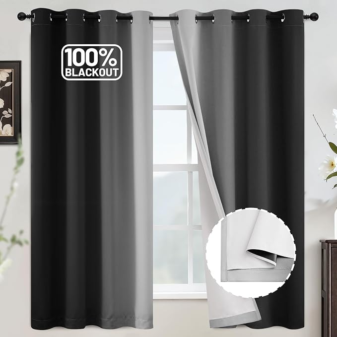 COSVIYA Grommet 100% Blackout Black Ombre Curtains White Back, W52xL63 Inch | 2 by COSVIYA
