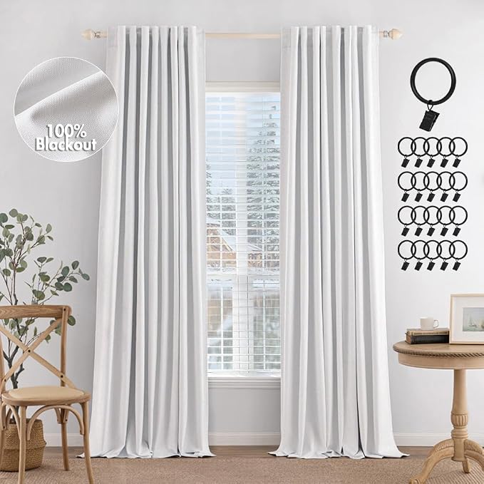MIULEE 100% Blackout Curtains Faux Linen Curtains & Drapes 108 Inch, Full Black by MIULEE