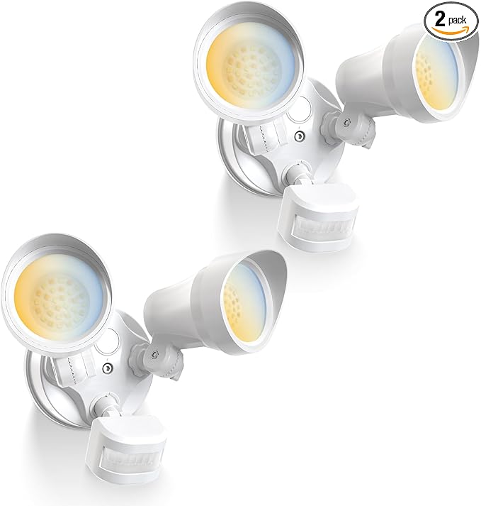 ALUSSO Motion Sensor Outdoor Lights, 30W 3500LM Flood Lights Outdoor, 3 Modes (Dusk to Dawn/Auto/On Time), 3CCT 3000K/4000K/6500K Waterproof Hardwired ETL Listed, Porch Garage Flood Light, White 2PCS