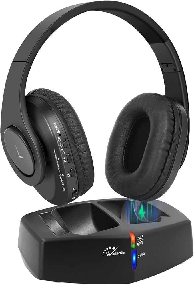 WallarGe Wireless Headphones for TV Watching, Easy Setup and Comfortable Bluetooth Headphones with RF Transmitter Charging Dock, 100 Ft Wireless Range, Rechargeable 25 Hours Play and No Audio Delay