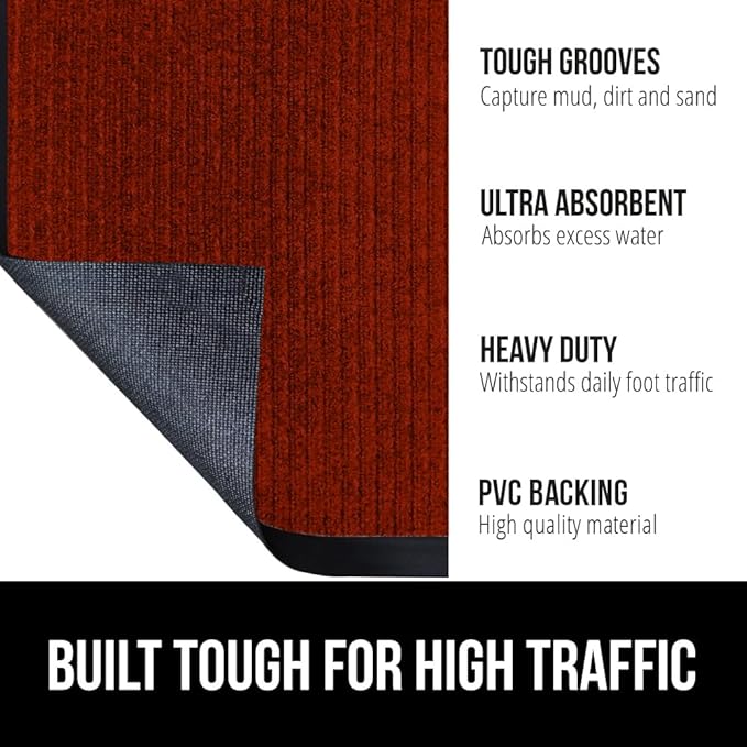 GORILLA GRIP Waterproof Traffic Guard Door Mat, 60x36, Heavy Duty Entryway Mats, Strong Rubber Back Commercial Utility Rugs for Office Hallway, Garage Floor and Home, Low Profile Carpet Runner, Red