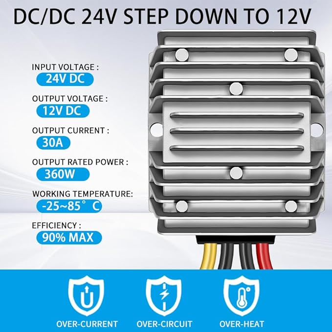 DC 24V Step Down to 12V 30A 360W DC Converter Regulator Voltage Regulator, 12V Converter, IP67 Waterproof Power Supply Module Buck Transformer for Golf Cart Forklifts Car Truck Boat Vehicle