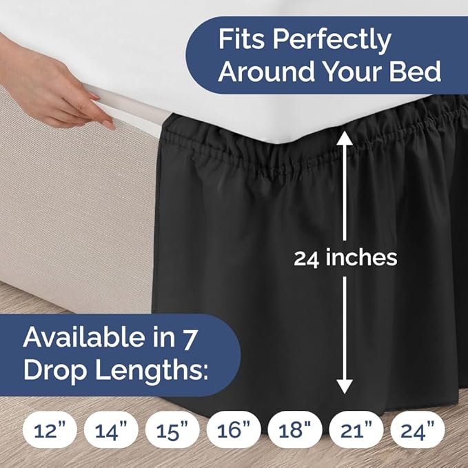 Wrap Around Dust Ruffle Bed Skirt - Black - for King Size Beds with 24 Inch Drop - Easy Fit Elastic Strap - Adjustable Pleated Bedskirt w/Brushed Fabric - Wrinkle Free - for Women, Men, Kids & Teens