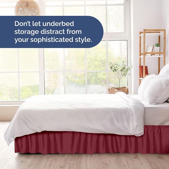 Wrap Around Dust Ruffle Bed Skirt - Burgundy - for Queen Size Beds with 12 Inch Drop - Elastic Strap - Adjustable Pleated Bedskirt with Brushed Fabric and Wrinkle Free - for Women, Men, Kids & Teens
