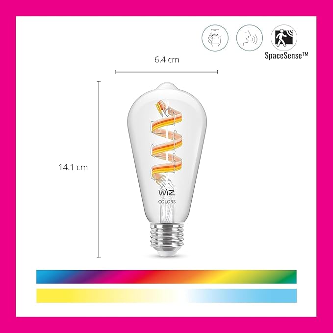 WiZ Color ST19 Color Filament LED Smart Bulb - Pack of 1-300 Lumen - E26 Indoor - Connects to Your Existing Wi-Fi - Control with Voice or App + Activate with Motion - Matter Compatible