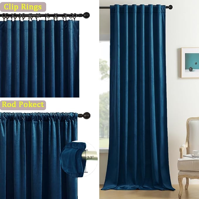 Timeper Dark Blue Velvet Curtains W52 x L84 inches 2 Panels, Back Tab & Rod - Image 2