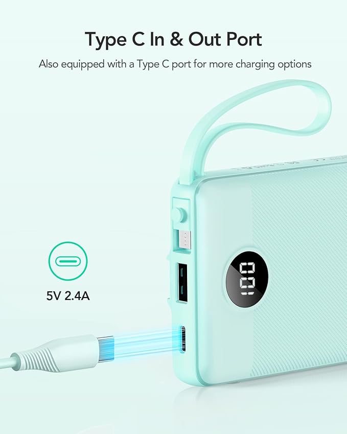VRURC Portable Charger for iPhone, 22.5W Fast Charging Power Bank 10000mAh, USB C Battery Pack 4 Outputs 3 Inputs, Slim Phone Charger with Cables for iPhone 17 16 15 14 13,Samsung Galaxy-Green(1 Pack)