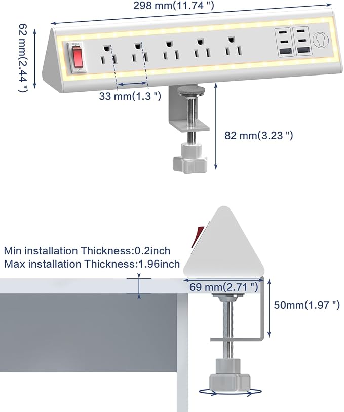 Desk Clamp Power Strip with Nightlight, 40W Fast Charging, 6FT Extension Cord - Image 7